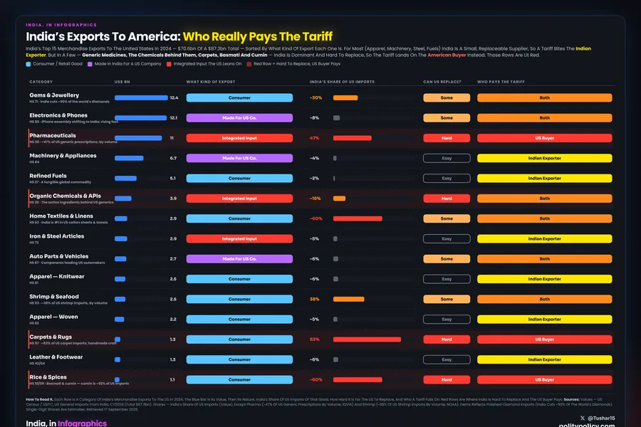 Ranked bar chart of India's top merchandise exports to the United States in 2024, coloured by who pays a tariff. Most is replaceable so the Indian exporter pays; but 61% by value across 36 categories is either America's own brands made in India or goods it cannot replace, where the US buyer pays. Generic medicines, carpets, cumin and guar gum have no substitute.